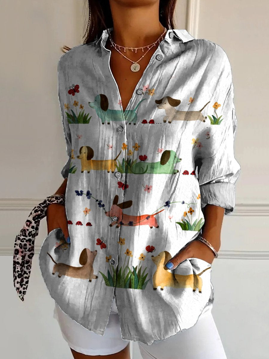 Watercolor Dachshund Dogs Art Printed Women's Casual Cotton Shirt