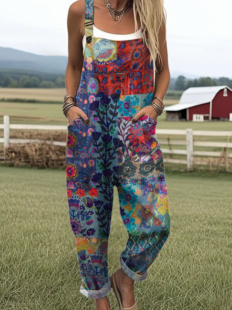 Women's  Patchwork Floral Art Print Casual 100% Cotton Wide Leg Jumpsuit