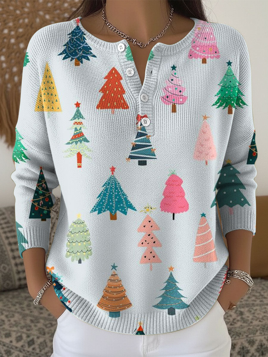 Women's Christmas Colorful Tree Pattern Art Print Buttoned Cardigan Sweater