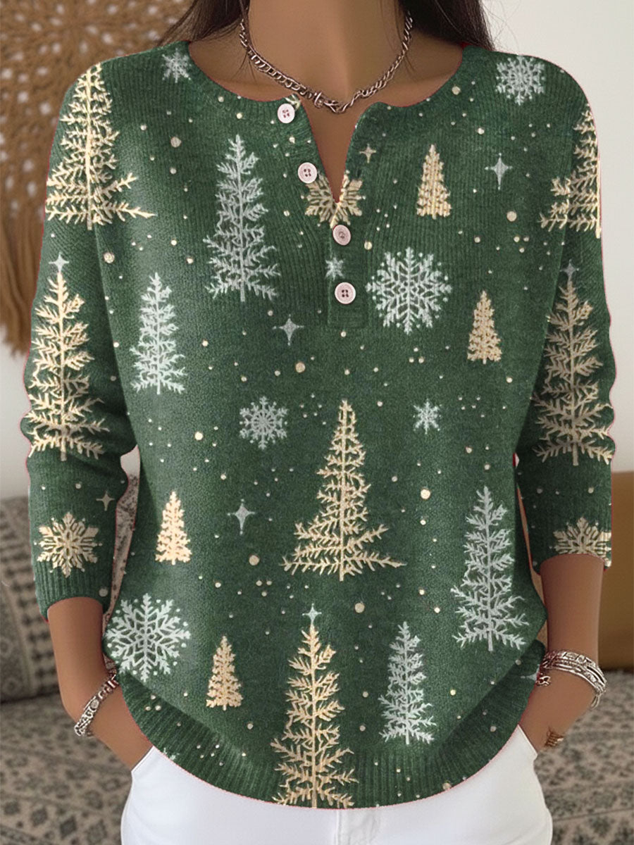 Women's Christmas Tree Art Print Buttoned Cardigan Sweater