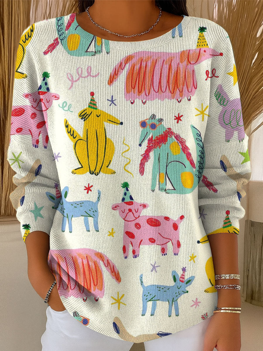 womens-animal-cute-dog-geometric-colors-casual-pullover-sweater