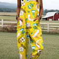 Women's Cute Bird and Flower Art Print Casual 100% Cotton Wide Leg Jumpsuit