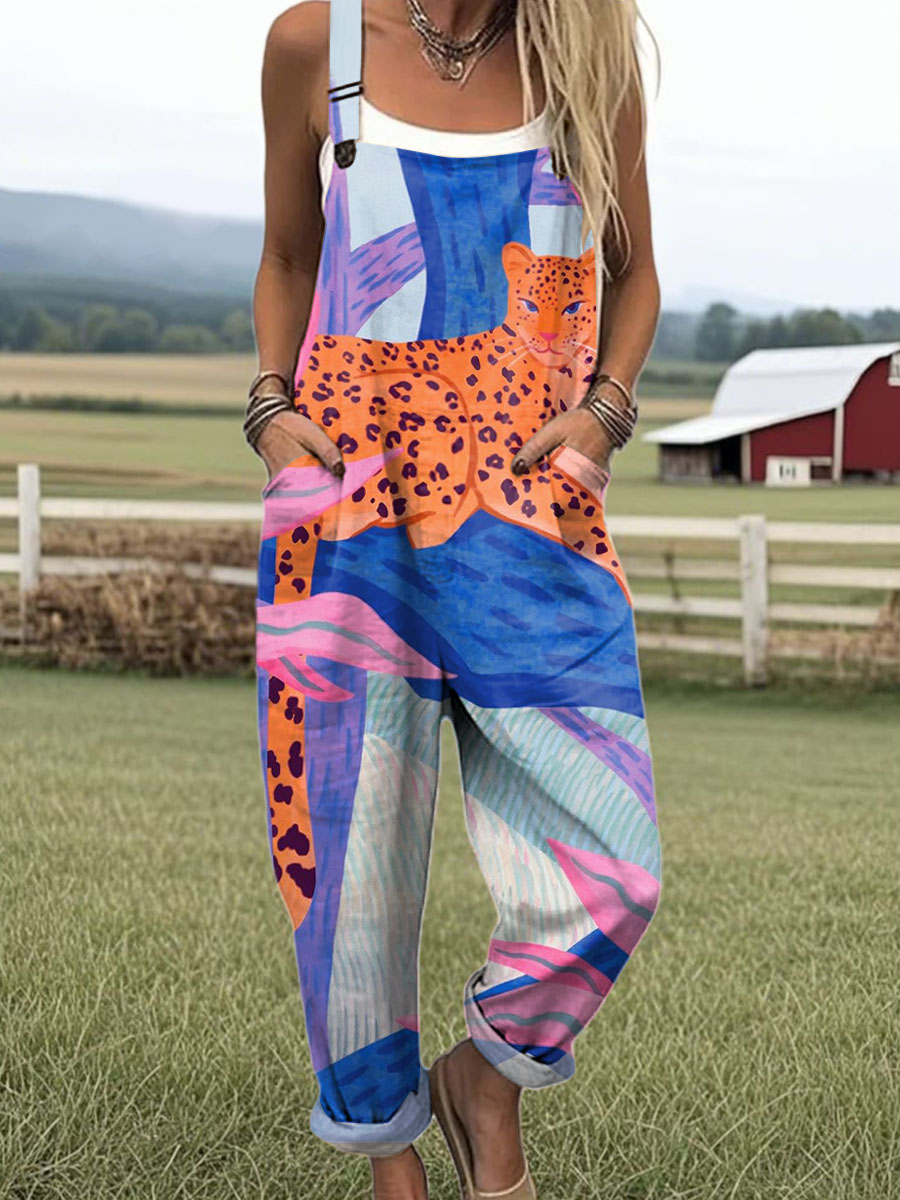 Women's Leopard Floral Pattern Art Print Casual 100% Cotton Wide Leg Jumpsuit