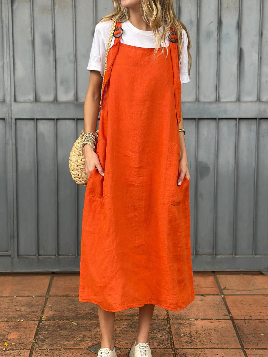 Women's Adjustable Shoulder Strap Pocket Cotton and Linen Dress