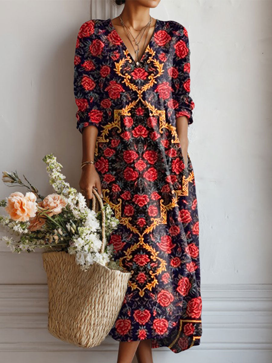 Women's Vintage Flower Art Print Linen Pocket Dress