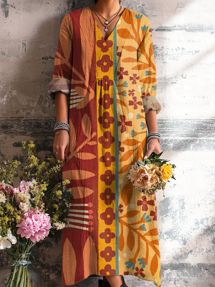 Women's Colorful Ethnic Floral Stripe Painting Art Print Dress