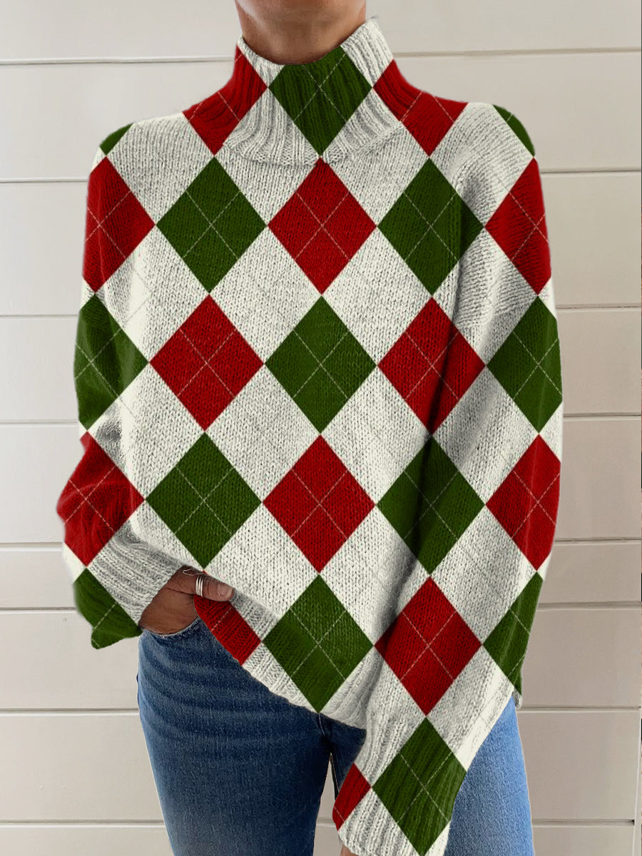 Christmas Color Diamond Check Pattern Print Knit Turtleneck Pullover Sweater