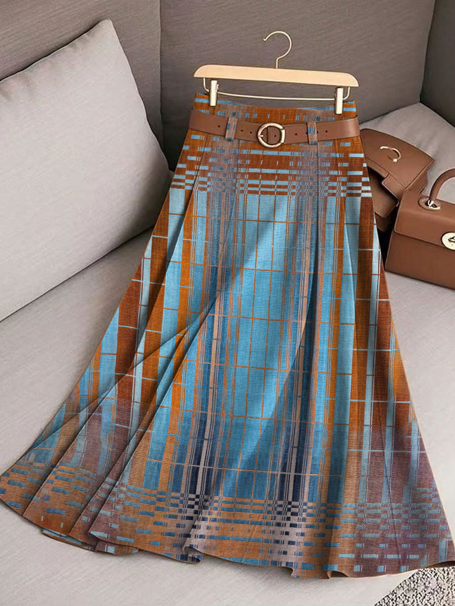 Women's Vintage Gradient Plaid Art Print Cotton Skirt