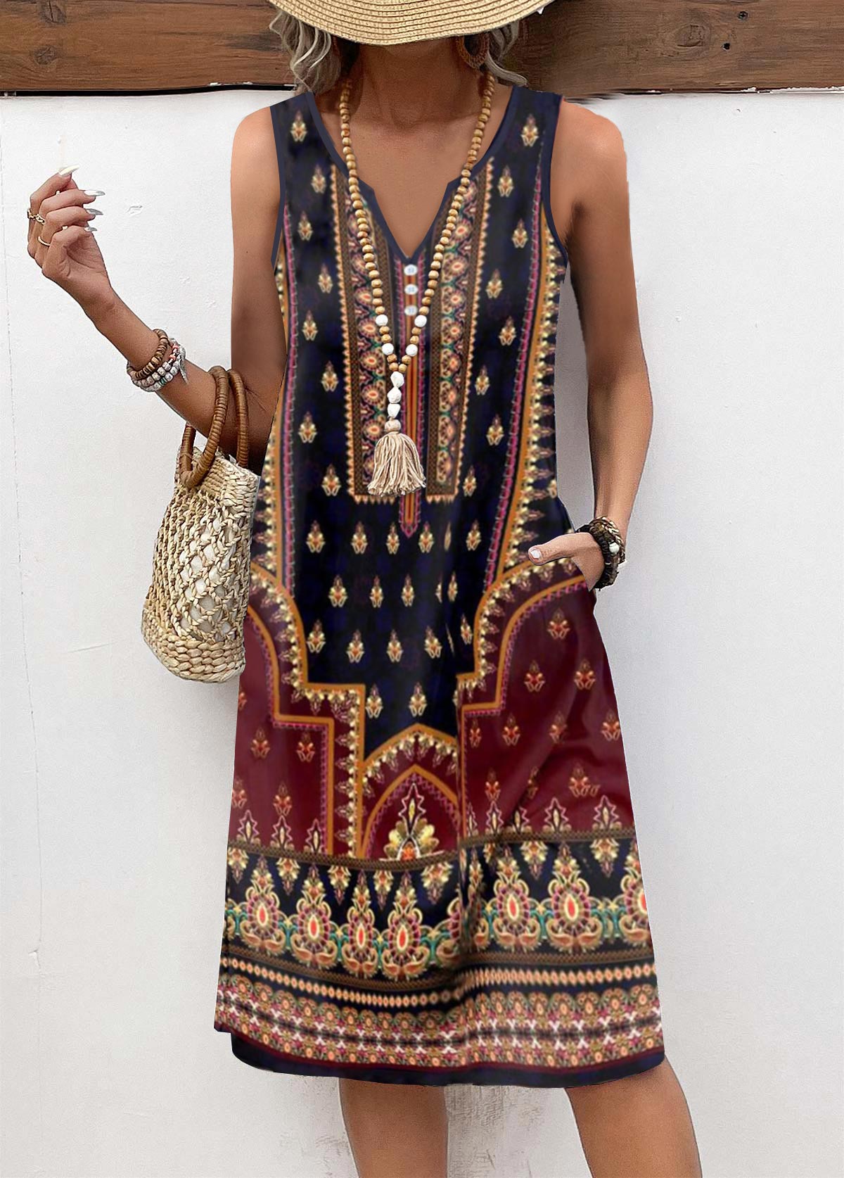 Multi Color Button Tribal Print A Line Sleeveless Dress