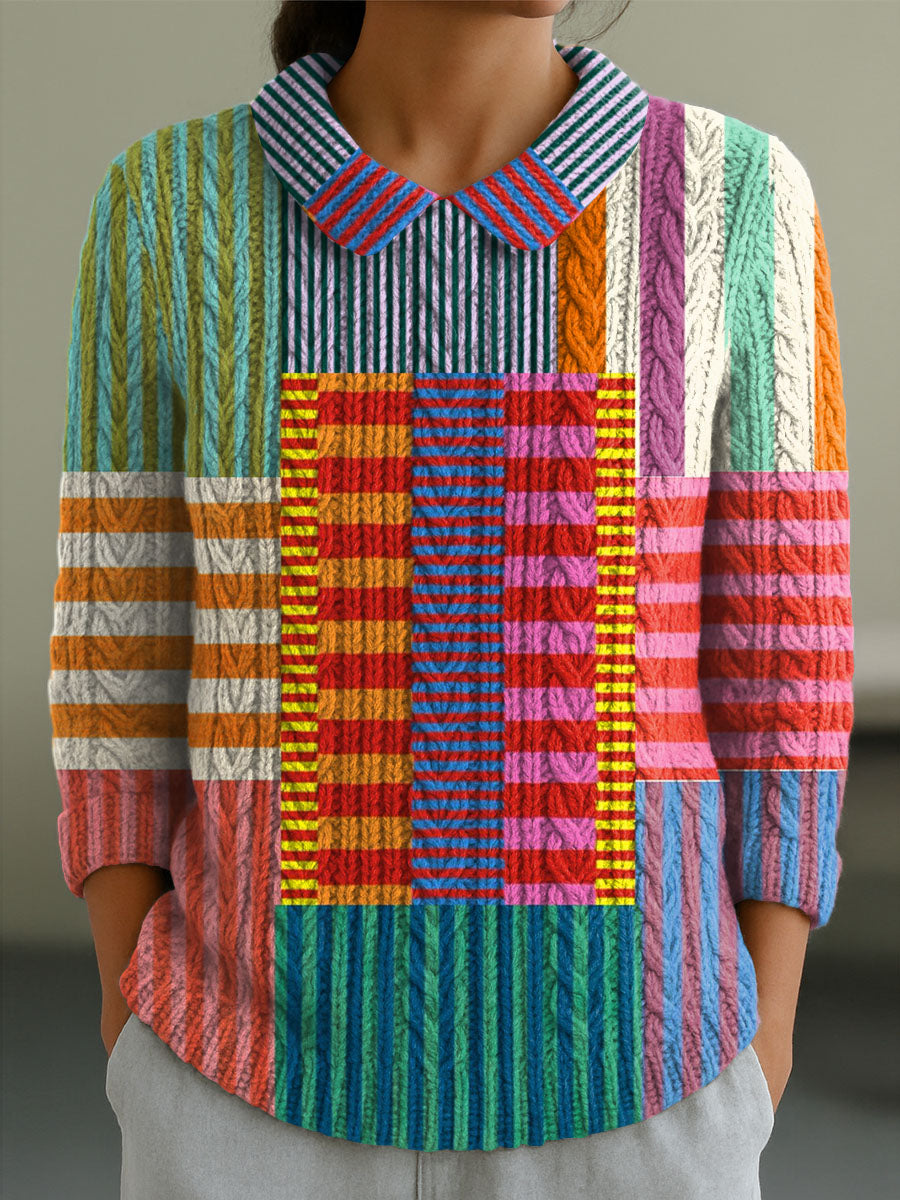 womens-geometric-pattern-art-print-casual-peter-pan-collar-3-4-sleeve-sweater