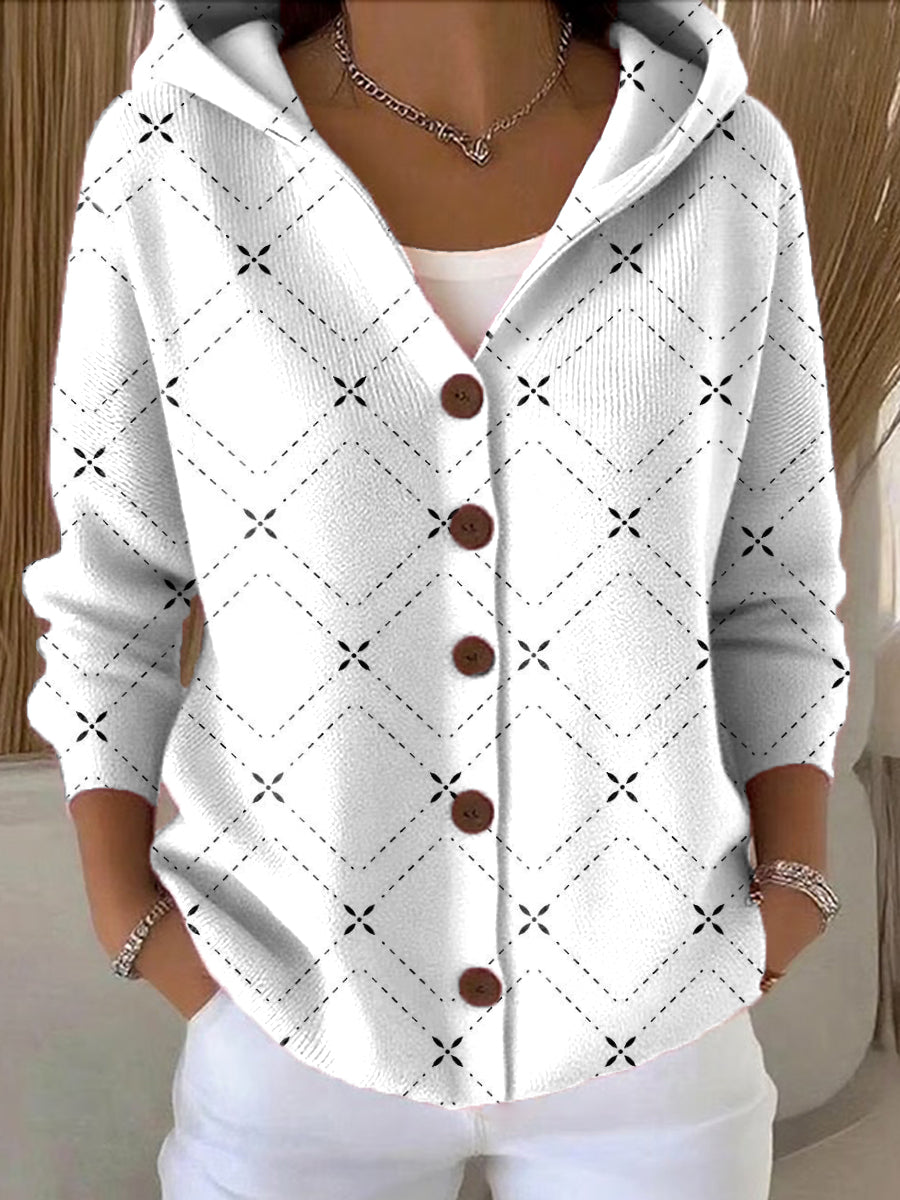 Women's Dashed Grid Printed Casual Hooded Button Sweater