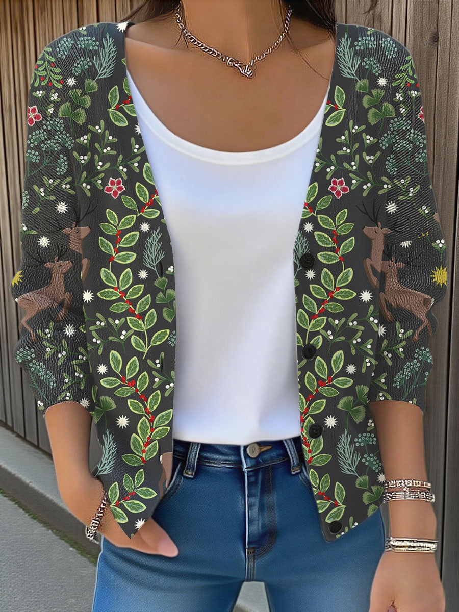 Vintage Christmas  Art Print Buttoned V-neck Cardigan Sweater