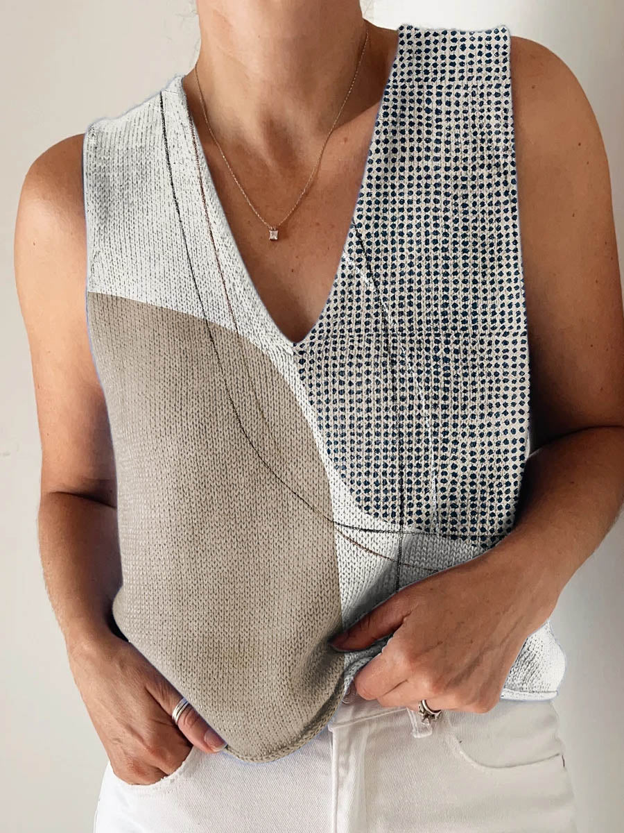 Women's Geometric Pattern Art Print Casual V-Neck Knitting Top