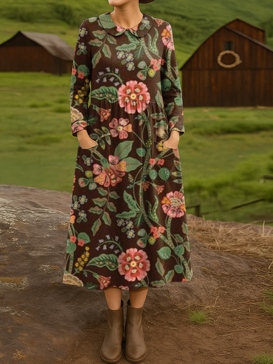 Women's Ethnic Floral Art Print Cotton Lapel Button-Down Shirt Dress