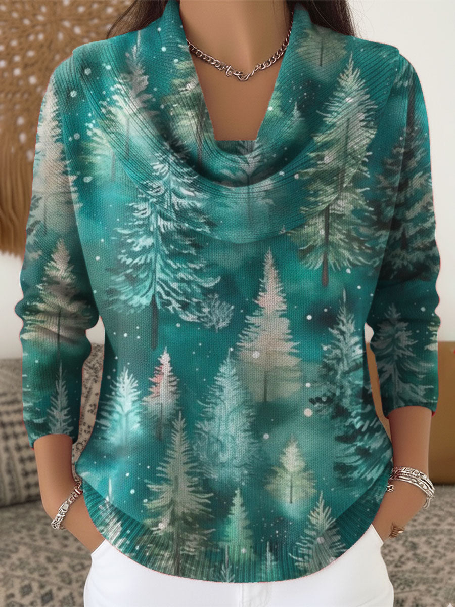 Women's Christmas Tree Art Print Cowl Neck Sweater