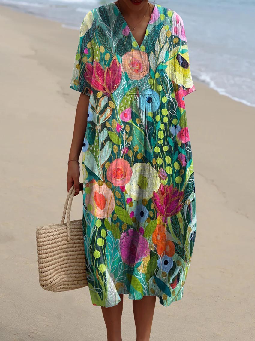 Women's Vintage Lovely Floral Art Print Flowy Dress