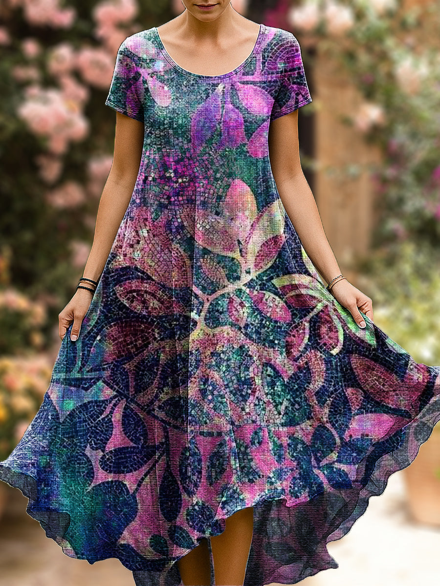 Women's Beautiful Flowers and Leaves Painting Art Print Sleeveless Cotton Pocket Dress