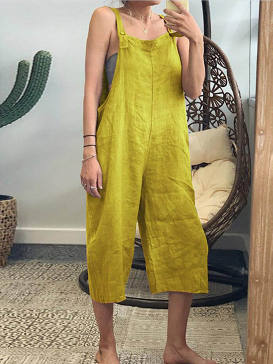 Women's Solid Color Cotton Overalls Three-Quarter Loose Casual Overalls Jumpsuit