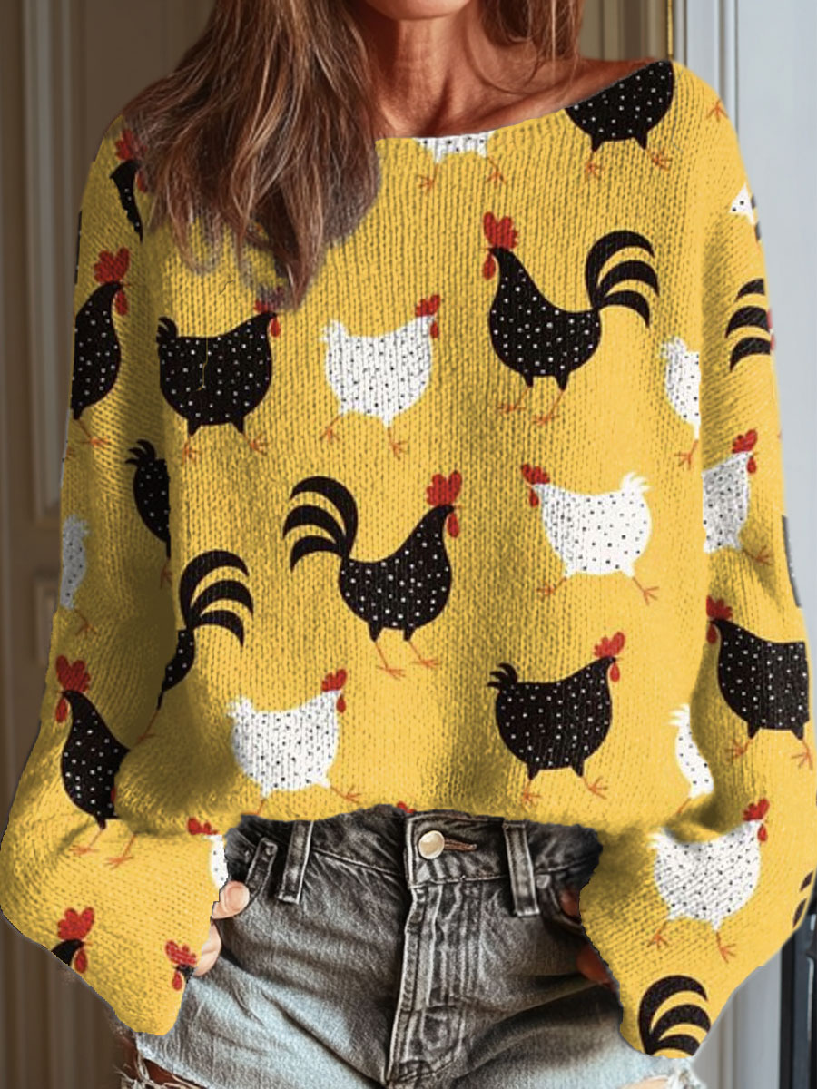 womens-funny-chicken-art-print-casual-pullover-sweater-ufst