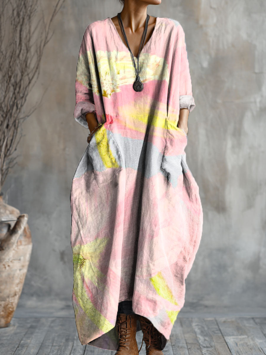 Women's Collage Patterns Art Pattern Print Pocket V-neck Cotton Dress