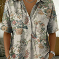 Retro Botanical Print Cotton-linen Short-sleeve Shirt