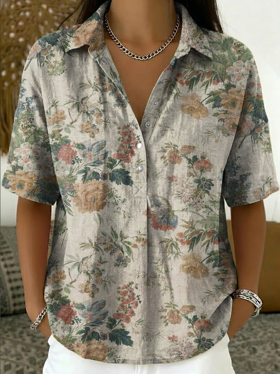 Retro Botanical Print Cotton-linen Short-sleeve Shirt