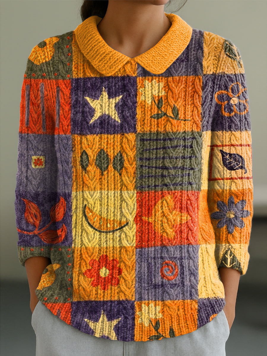 womens-abstract-pattern-plaid-painting-art-print-casual-peter-pan-collar-3-4-sleeve-sweater