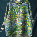 Women's Vintage Floral Art Print Casual Cotton And Linen Shirt