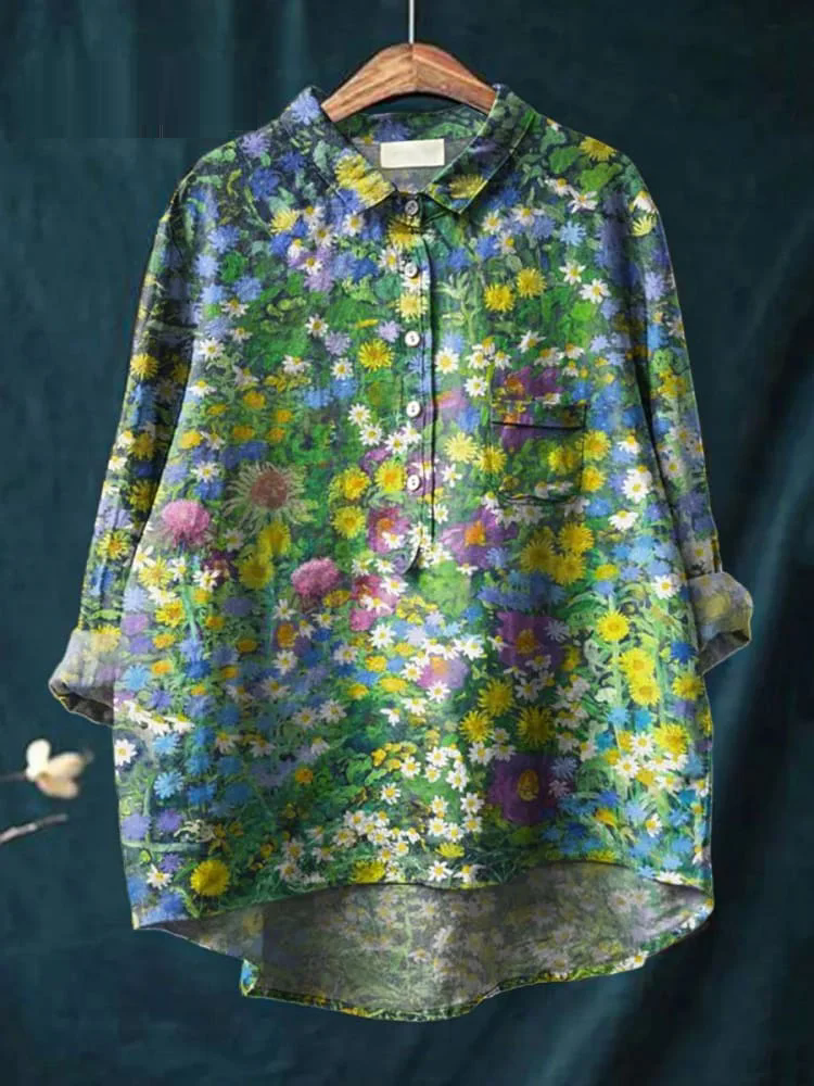 Women's Vintage Floral Art Print Casual Cotton And Linen Shirt