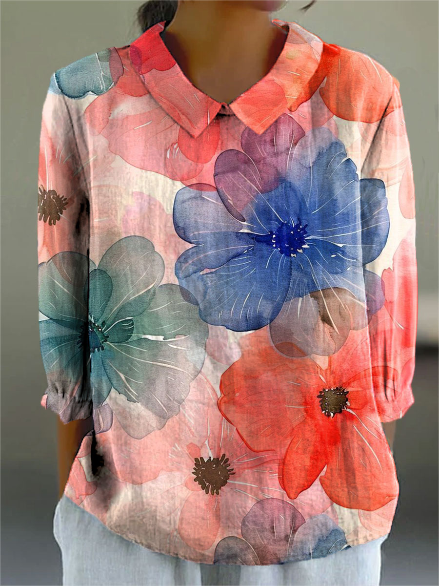 Women's Flower Colors Floral Pattern Print Casual Cotton And Linen 3/4 Sleeve Shirt