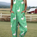 Women's Green Art Goose Print Casual 100% Cotton Wide Leg Jumpsuit