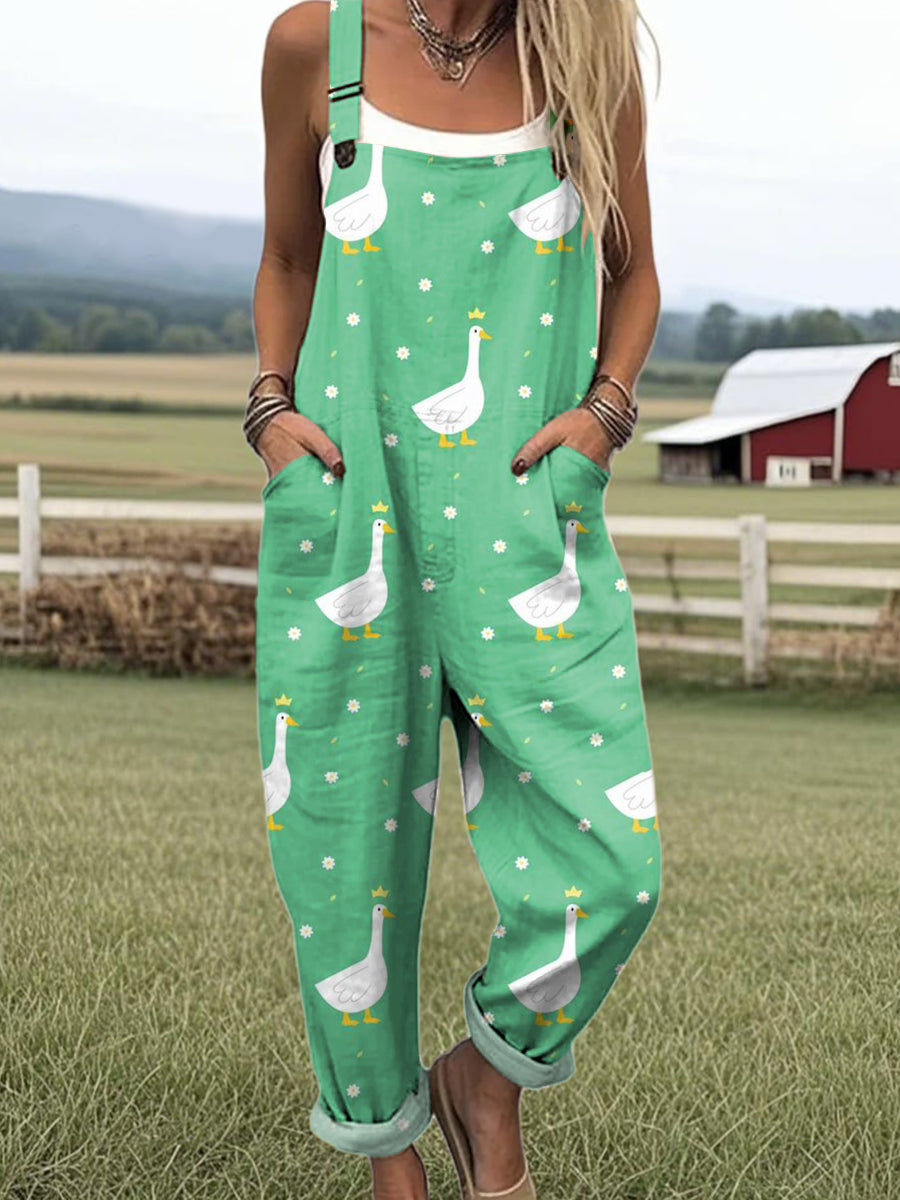 Women's Green Art Goose Print Casual 100% Cotton Wide Leg Jumpsuit