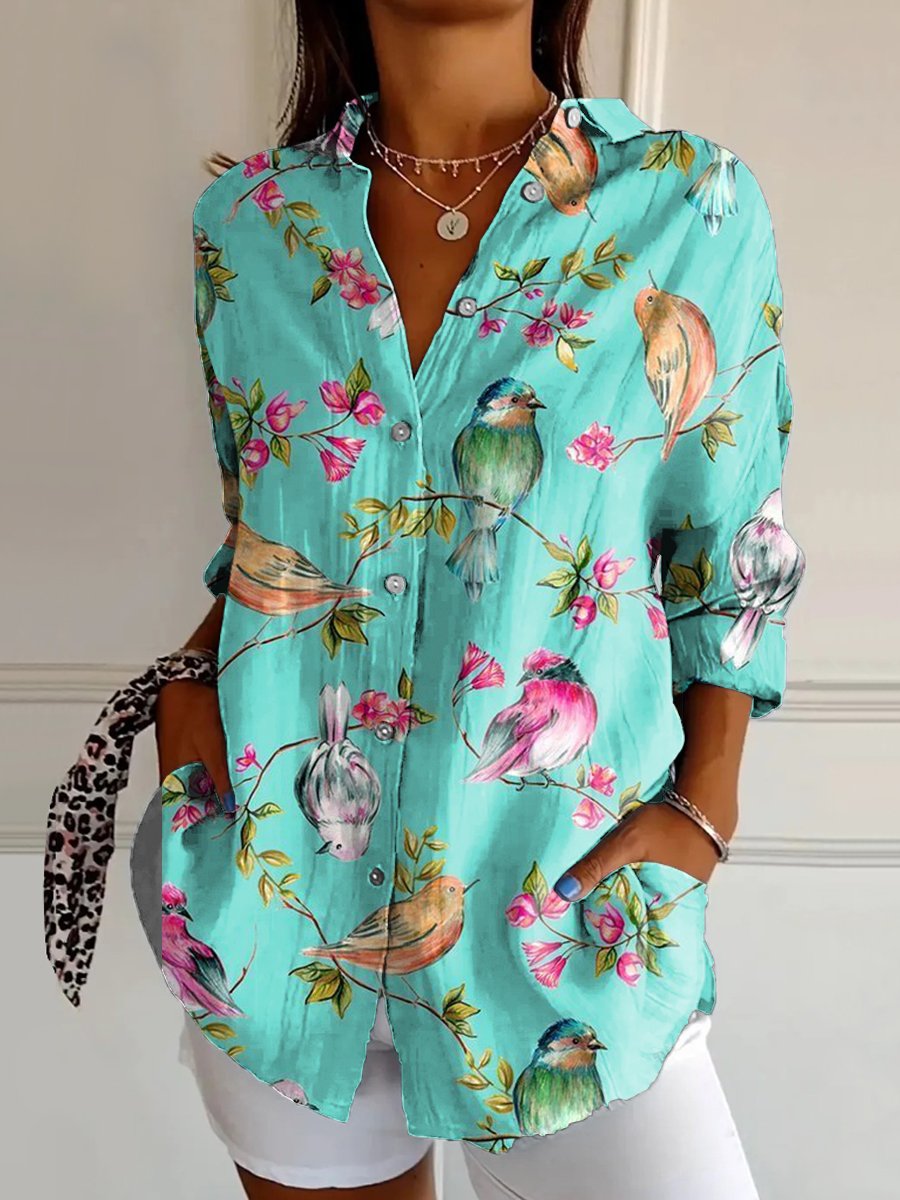 Women's Vintage Boughs And Robin Birds Pattern Art Print Casual Cotton Shirt