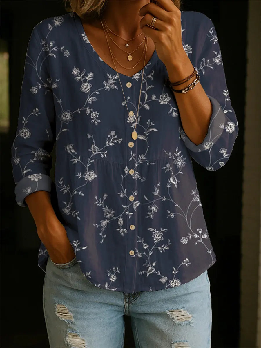 Women's Flower Art Print Casual Cotton Shirt