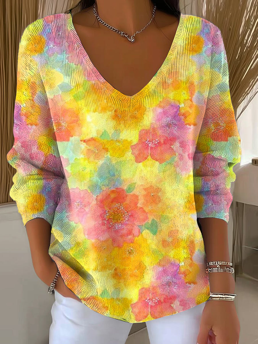Women's Beautiful Abstract Bright Floral Painting Art Print Casual Pullover Sweater