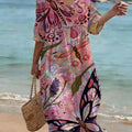 Botanical & Animal Print Cutout V-neck Vacation Dress