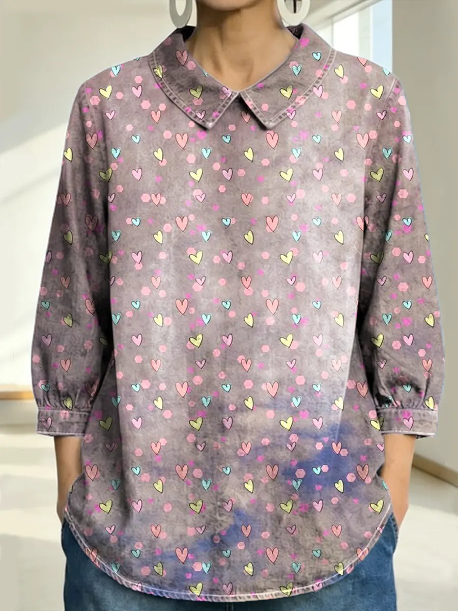 Women's Hearts Love Pattern Art Print Casual Denim 3/4 Sleeve Shirt