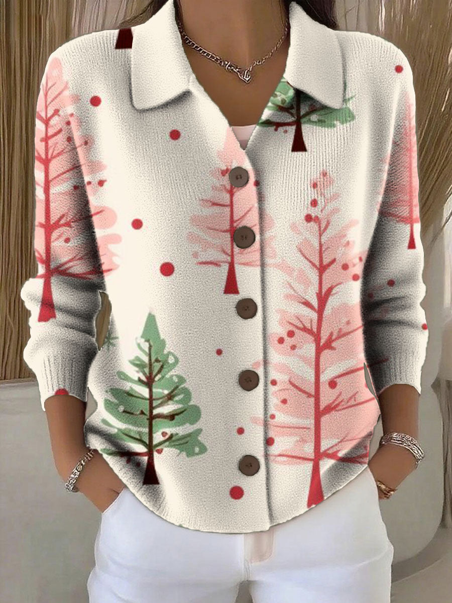 Women's Christmas Tree Pattern Print Cowl Neck Sweater