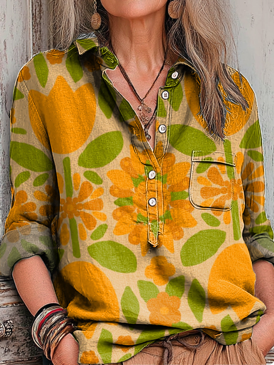 Women's Vintage Ethnic Floral Geometric Painting Art Print Casual Cotton And Linen Shirt
