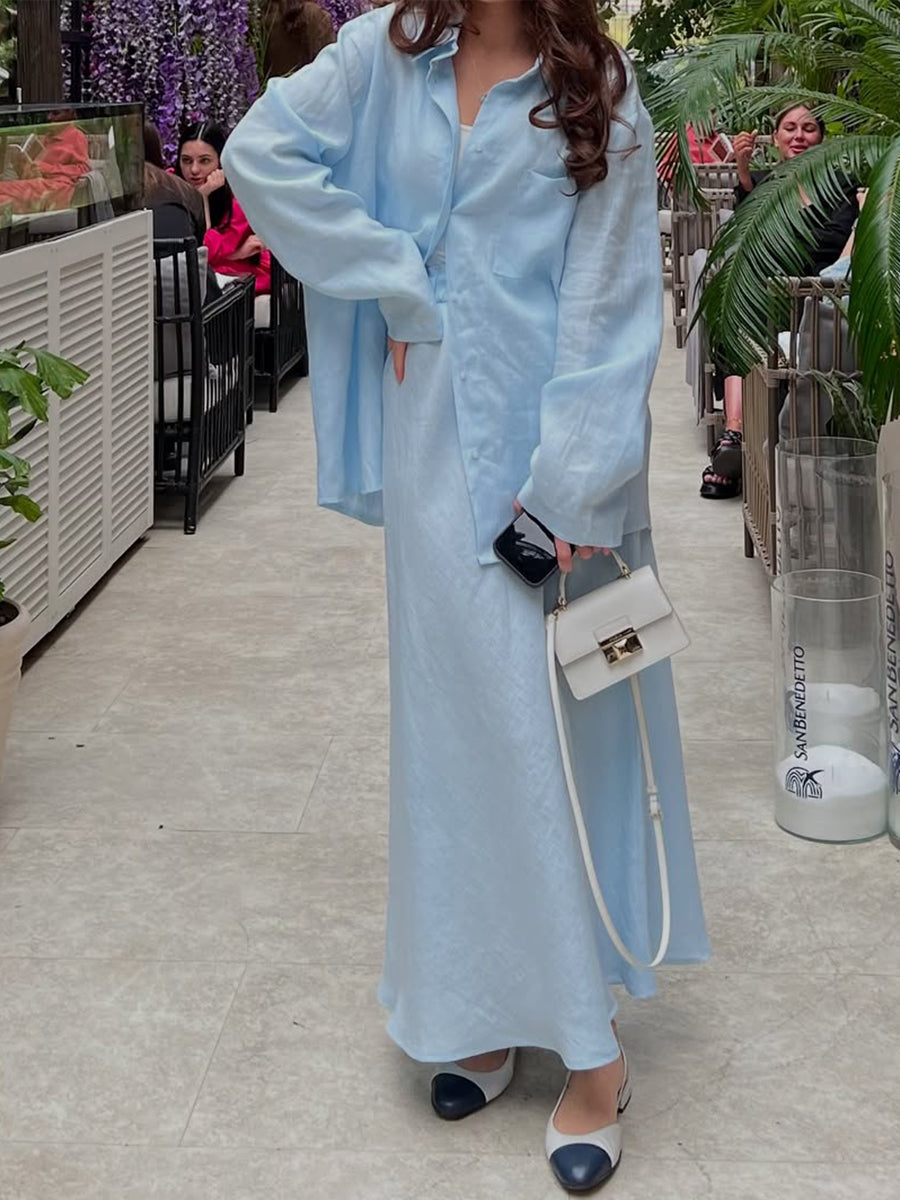 Women's Cotton and Linen Shirt and Skirt Set