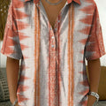 Women's Vintage Retro Geometric Patterns Casual Polo Collar Short-sleeved Linen And Cotton Shirt