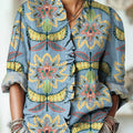 Chemise à volants vintage pour femme, en coton et lin, à imprimé floral géométrique ethnique. 