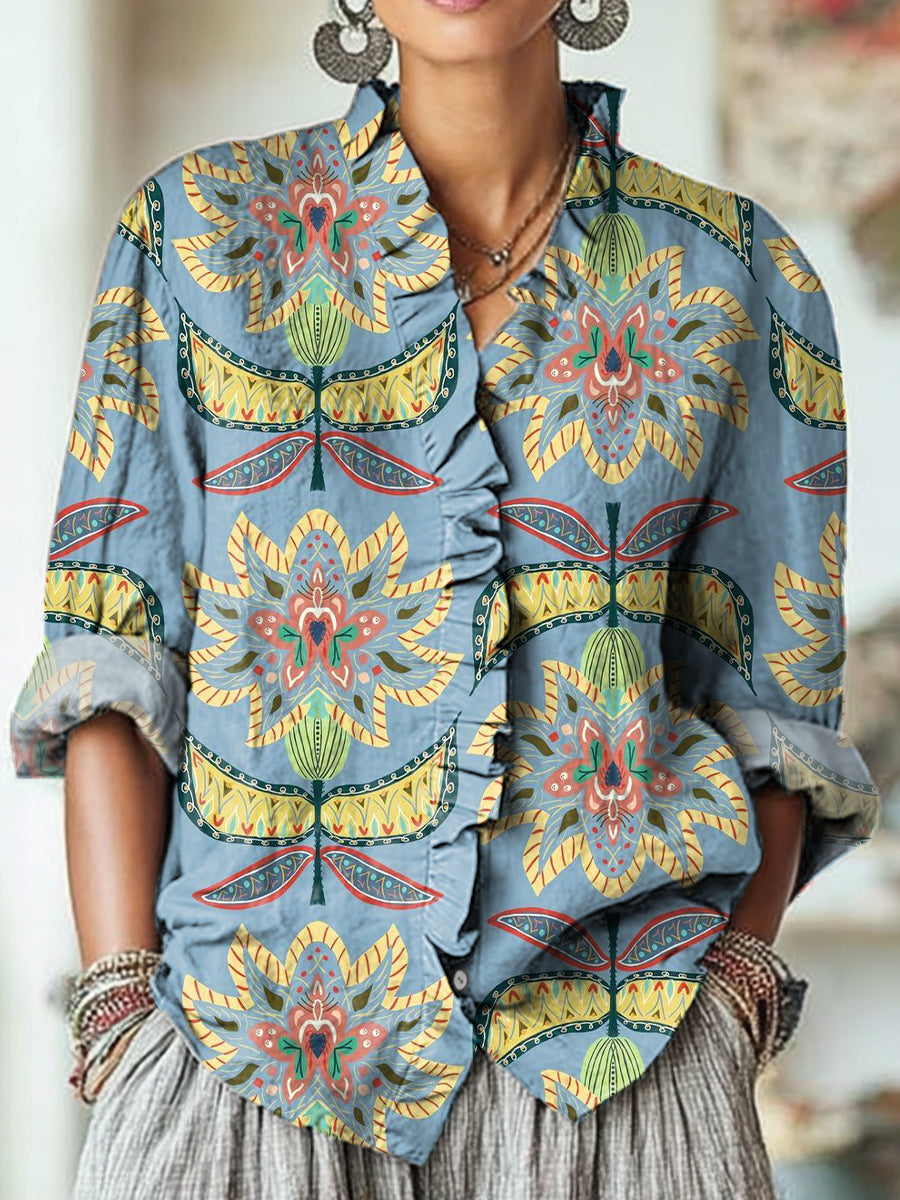 Women's Vintage Ethnic Geometric Floral Painting Art Print Casual Cotton And Linen Ruffle Shirt