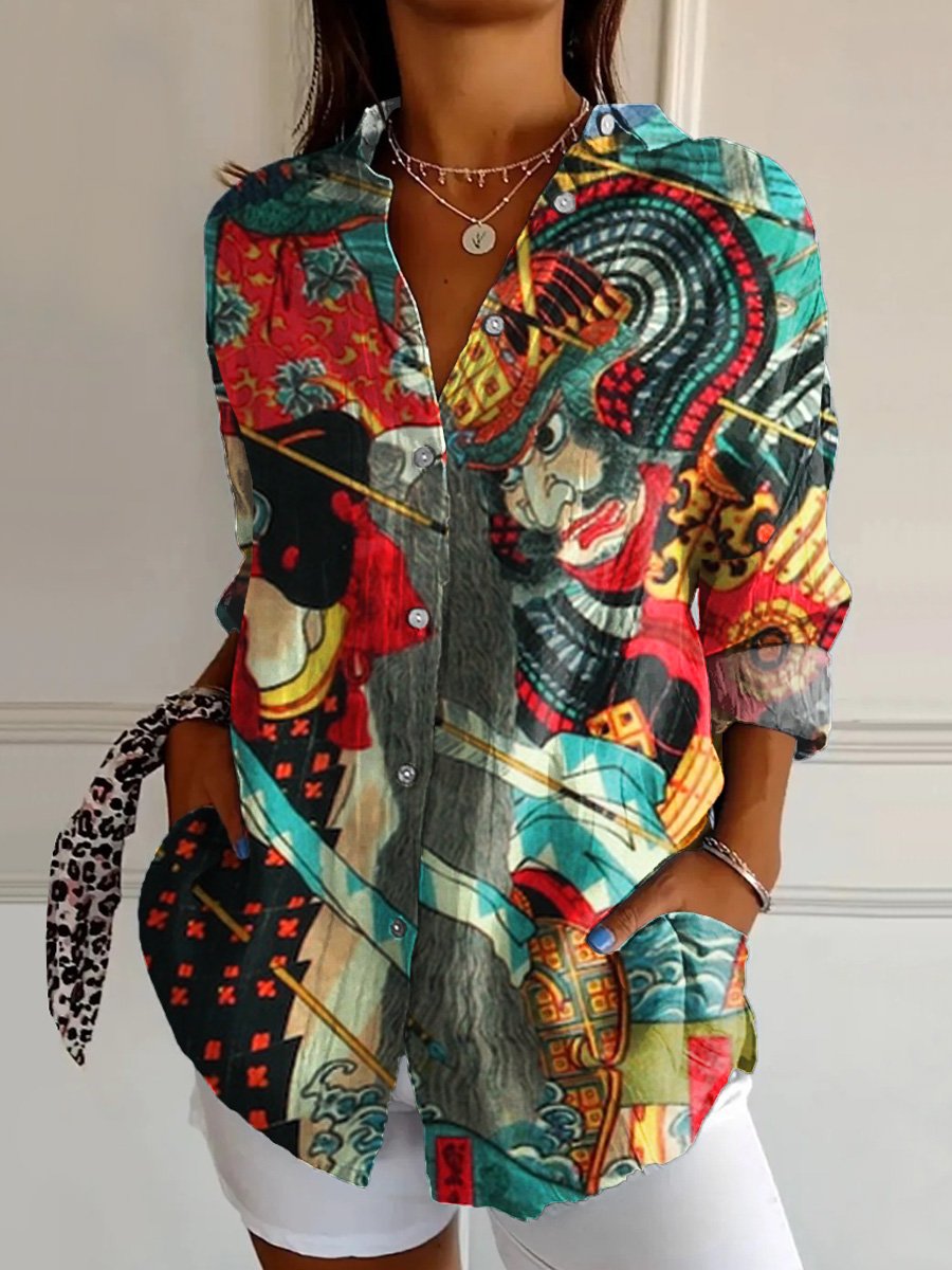 Women's  Japanese Art Print  Casual Cotton Shirt