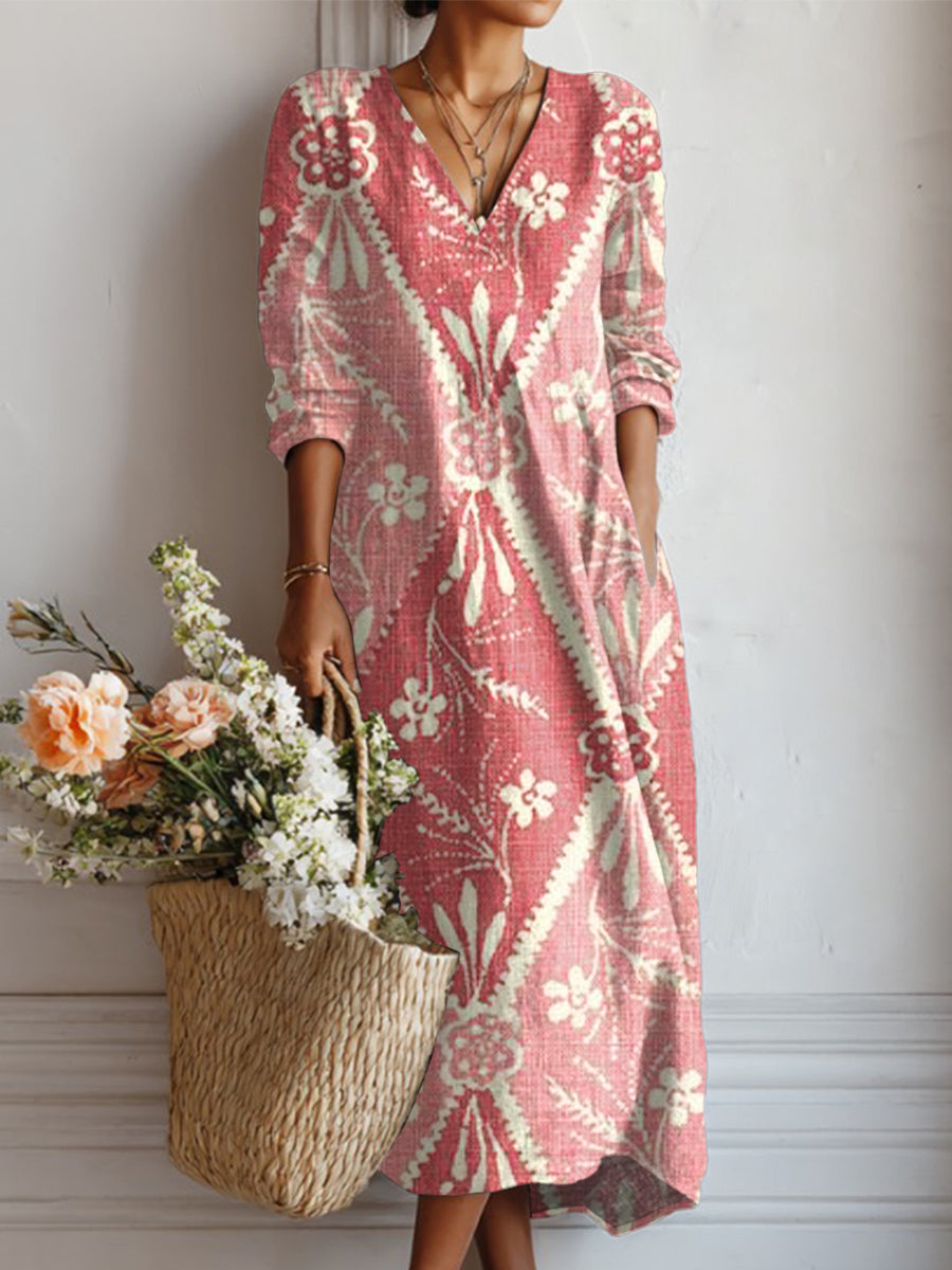 Women's Ethnic Vintage Rhombus Geometric Floral Painting Art Print Linen Pocket Dress