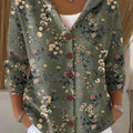 Women's  Vintage Flower Art Printed Casual Hooded Button Sweater