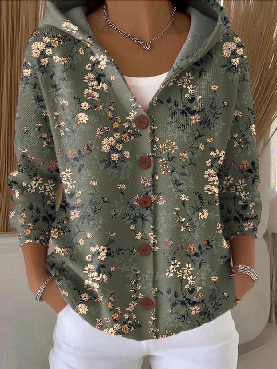 Women's  Vintage Flower Art Printed Casual Hooded Button Sweater