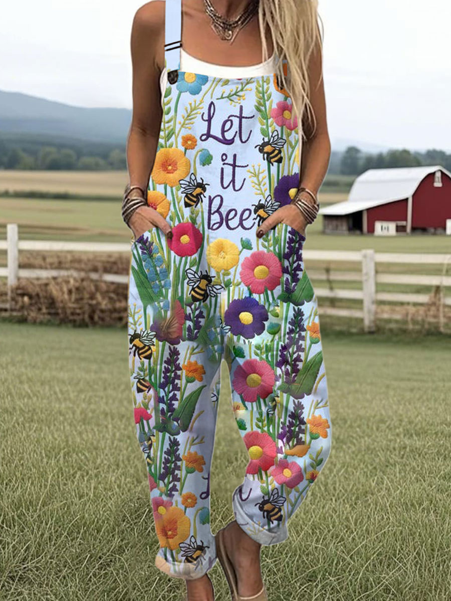 Women's  Bee  Floral  Art Print Casual 100% Cotton Wide Leg Jumpsuit