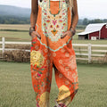 Women's Vintage Floral Art Print Casual 100% Cotton Wide Leg Jumpsuit