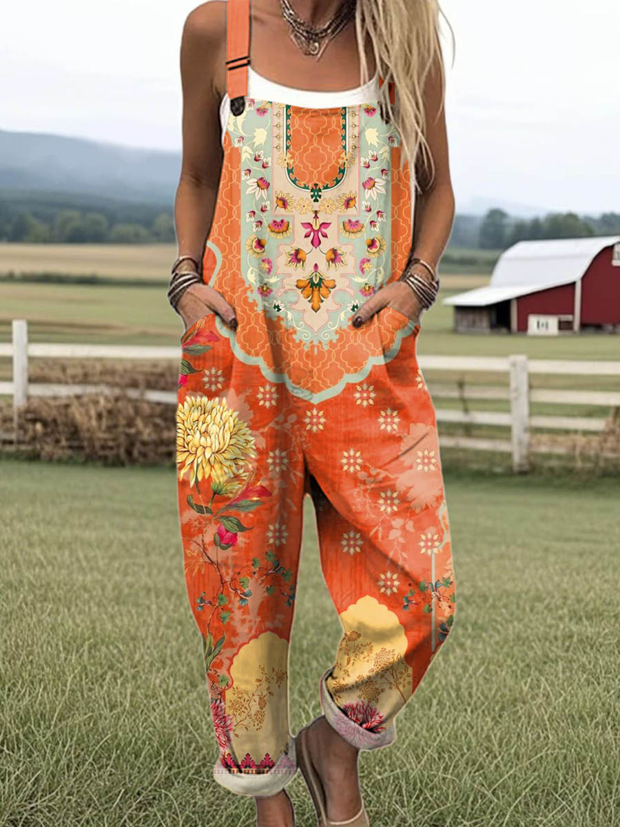 Women's Vintage Floral Art Print Casual 100% Cotton Wide Leg Jumpsuit